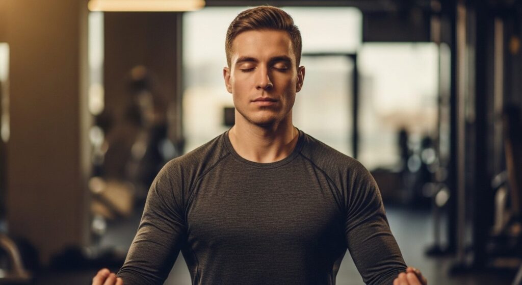 Athlete in focused meditative state demonstrating mind-muscle connection